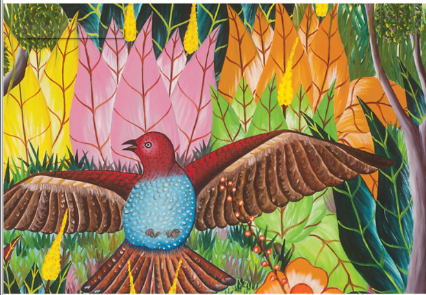 A colorful painting of a bird and vegetation