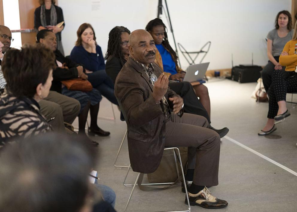 Ulrick Jean-Pierre speaking at the “The Work of Social History” closing discussion, 2018. Photograph by Ryan Waggoner, © Spencer Museum of Art, The University of Kansas.