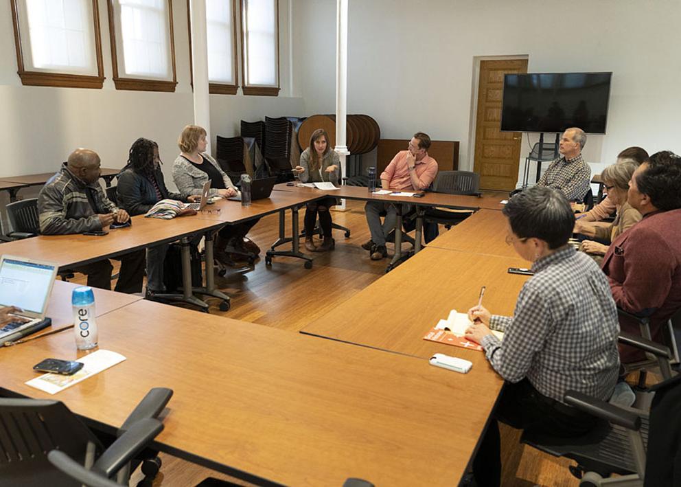 Artists and scholars at a roundtable discussion, 2018. Photograph by Ryan Waggoner © Spencer Museum of Art, The University of Kansas.