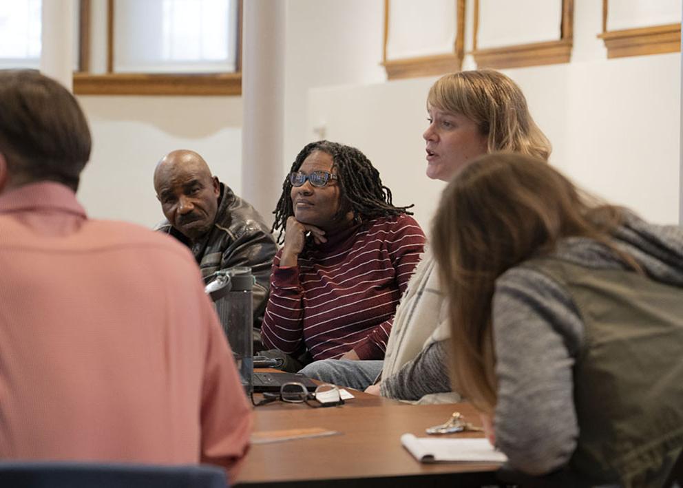 Ulrick Jean-Pierre, Cecile Accilien, and Cassandra Mesick Braun at a roundtable discussion, 2018. Photograph by Ryan Waggoner © Spencer Museum of Art, The University of Kansas.