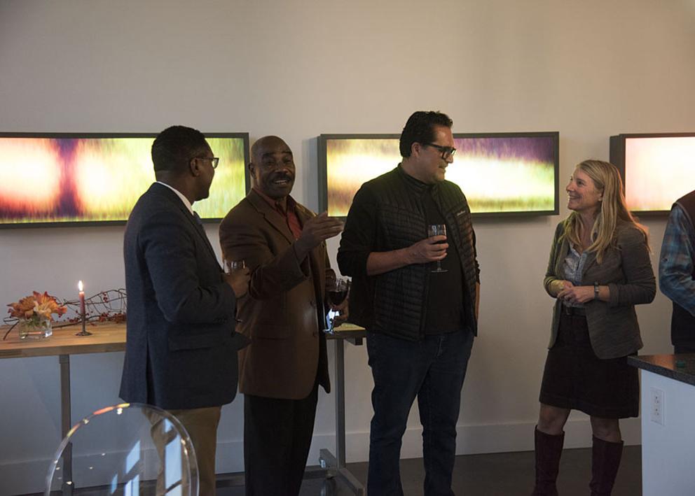 Artists Ulrick Jean-Pierre and Adrian Stimson talk with scholars, 2018. Photograph by Ryan Waggoner © Spencer Museum of Art, The University of Kansas.