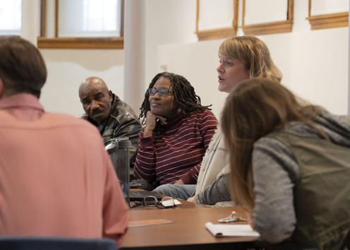 Ulrick Jean-Pierre, Cecile Accilien, and Cassandra Mesick Braun at a roundtable discussion, 2018. Photograph by Ryan Waggoner © Spencer Museum of Art, The University of Kansas.